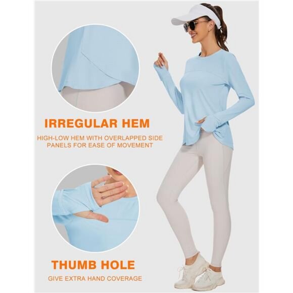 Workout Shirts Long Sleeve Running Tops with Watching Window UPF 50+ - Picture 4 of 6